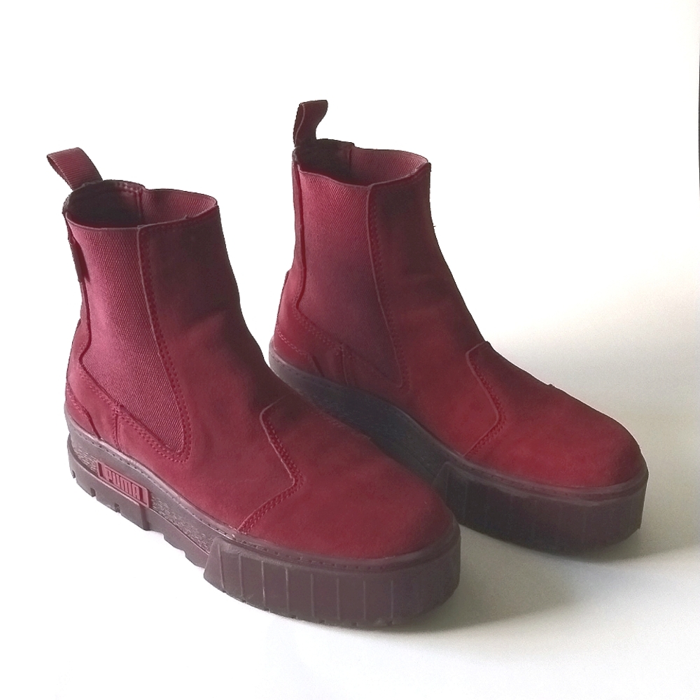 Puma Mayze Suede Platform Chelsea Boots Women Maroon Pull On Dr Size 9.5